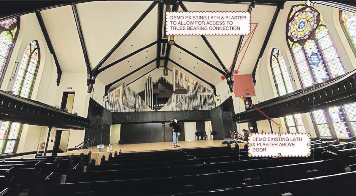 The pipe organ in King Chapel will need to be removed for the truss repairs to the roof of the building. As well, some of the plaster in the interior of the building will need to be removed to gain access to trusses, as shown in screenshots from a presentation Scott Ladwig made to the Mount Vernon Historic Preservation Commission.