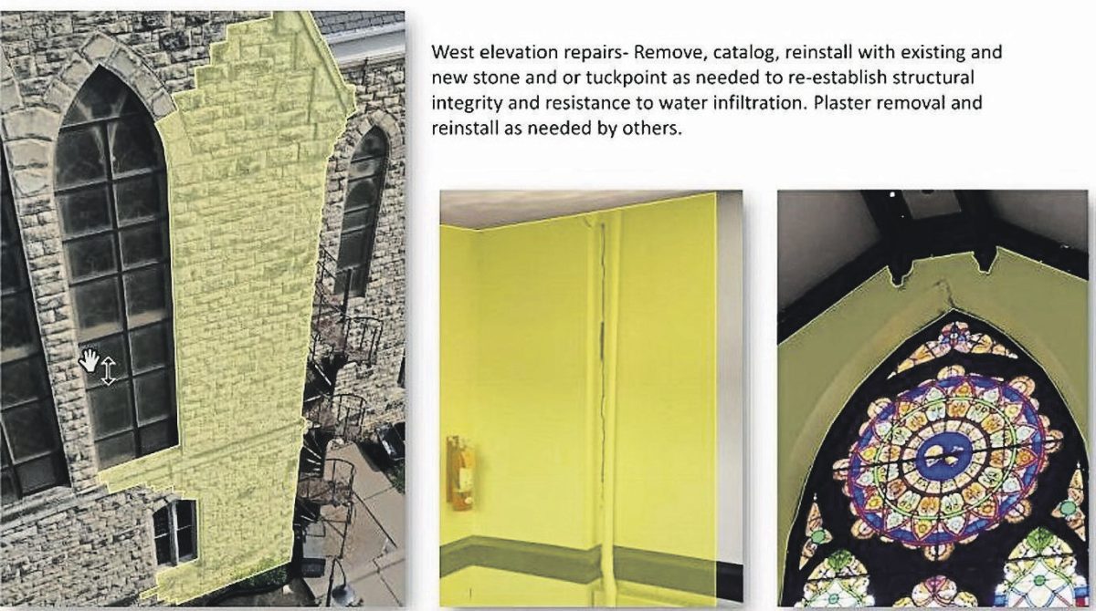 Tuckpointing or addition of new stone may be needed to the exterior of the building. The highlighted yellow shows some of the cracks to the interior and exterior of the building the weight of the roof has caused in the building.