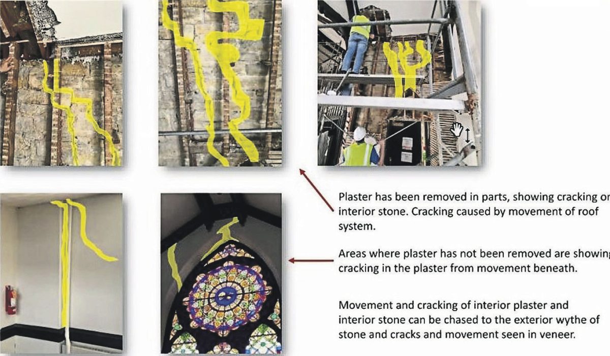 Where plaster has been removed in areas of the building, cracking can be seen in some of the interior stone and brickwork as well from the weight of the roof moving off of some of the trusses. The photos highlight some of the scope of the project Cornell College will need to address in King Chapel.