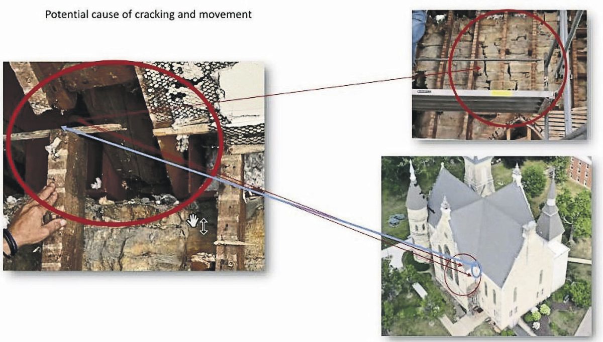 One of the potential broken trusses contributing to the cracks and damages to the interior and exterior of King Chapel, as presented by Scott Ladwig.