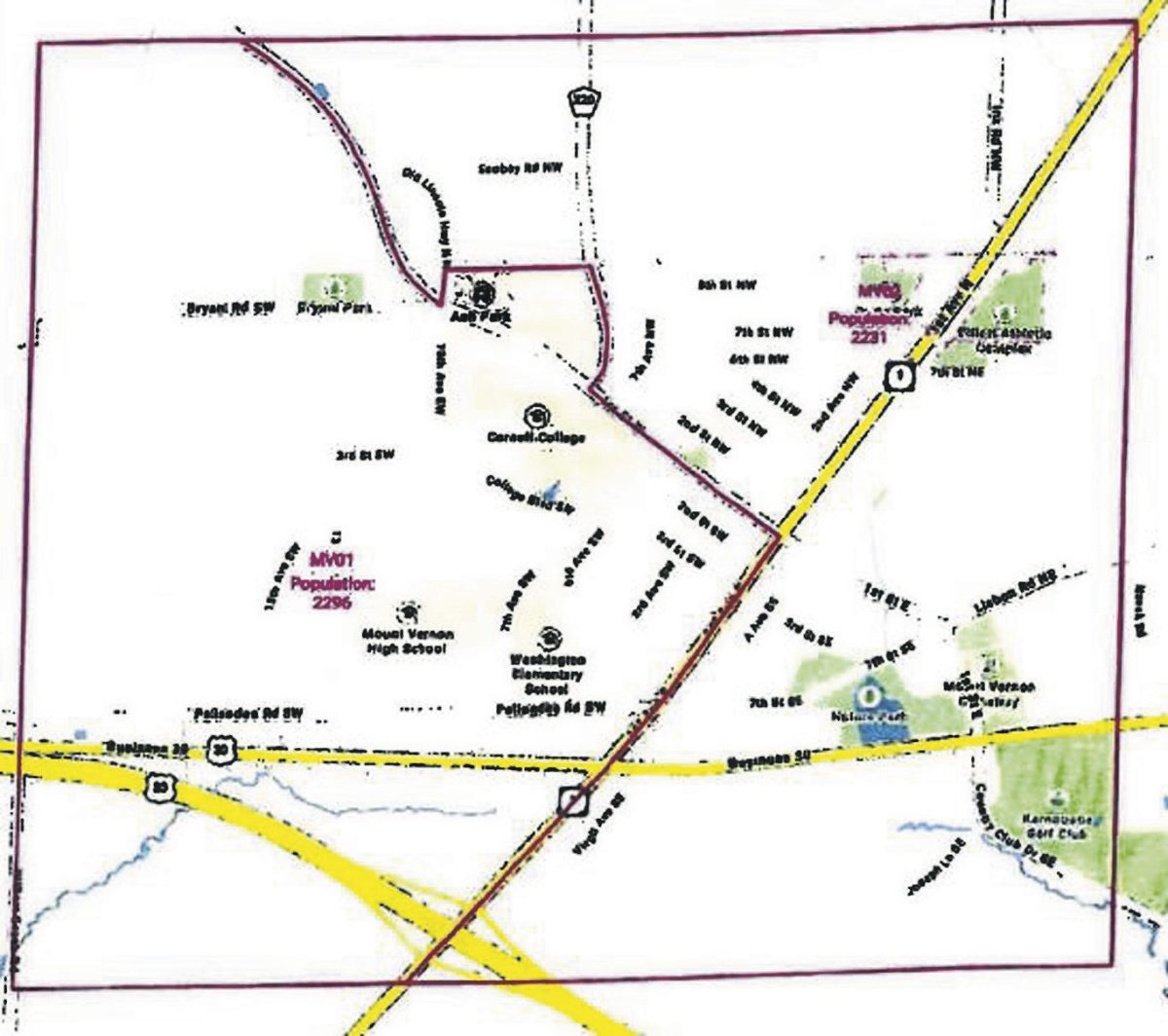 The new map of the boundaries for the different voting districts for Mount Vernon, as established by the Mount Vernon City Council.