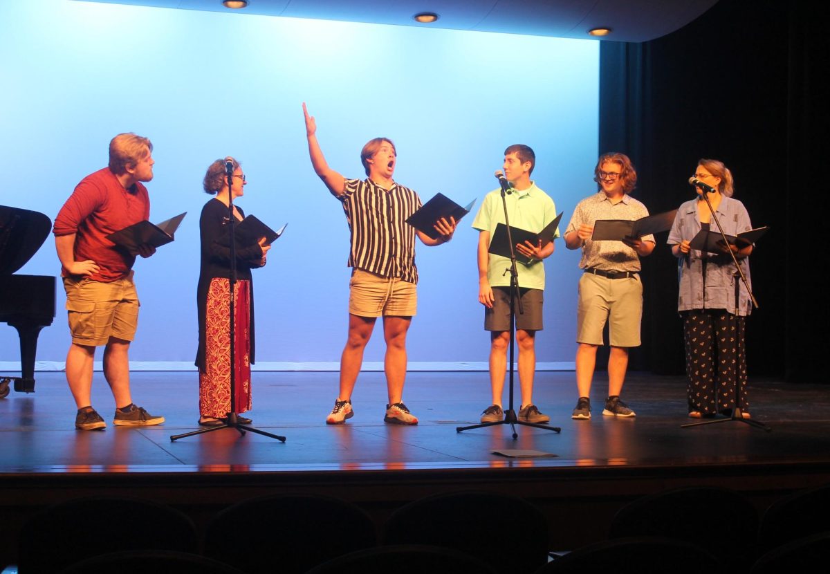 Milo Olinger, Braden Rood, Ty Panos, Luke Stephens, Bryce Cox and Kim Benesh perform a piece from Something Rotten Friday, July 12. 