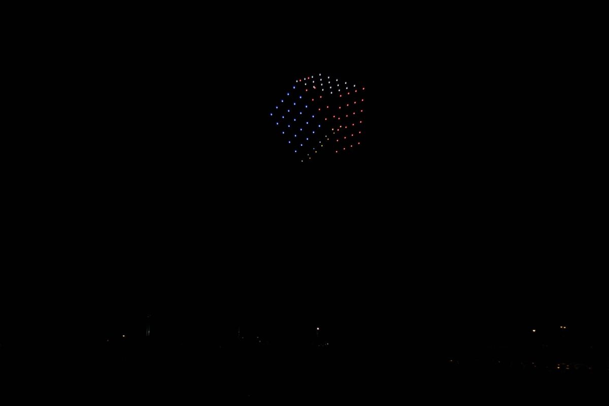 This was the first year of a drone show at Heritage Days. The drones replaced the firework show from past years. The drones created many shapes and scenes during the show, including solving a Rubix cube, Pac-Man eating Pac-dots, ET flying in front of the moon, and even mimicked fireworks to end the show.