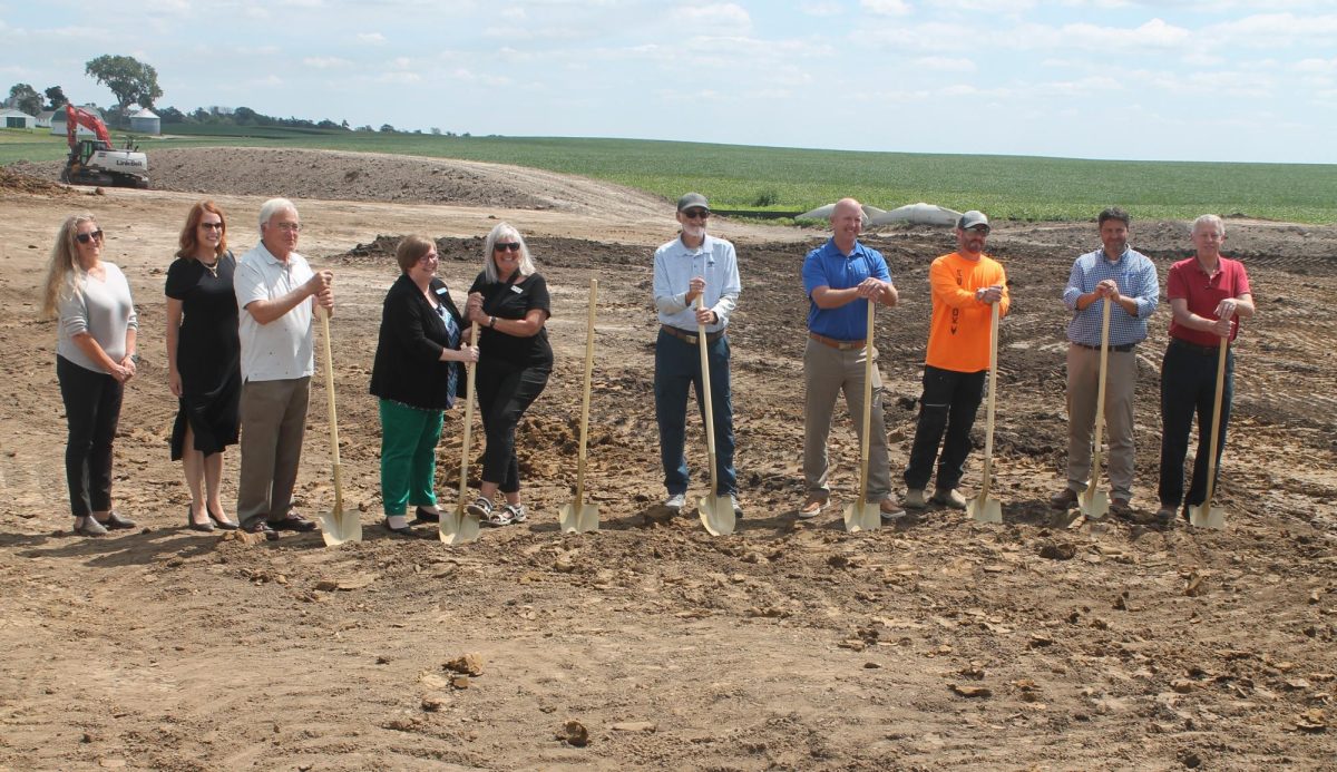 Kris Illg (senior vice president of assets at Community Housing and Initiatives), Sam Erickson (CEO at CHI), Dan Stoner, Nicole McAlexander of Southeast Linn Community Center, Linda Auchenbach of Eastern Central Iowa Council of Government, Chris Carlson of the Mount Vernon housing commission, Paul Daniels (business banking manager vice president at Northwest Bank), a representative from construction contractor, Chris Nosbisch (city administrator of Mount Vernon) and Tom Wieseler (mayor of Mount Vernon) at the groundbreaking for Cottonwood Trails Apartment Complex Wednesday, Aug. 21. 