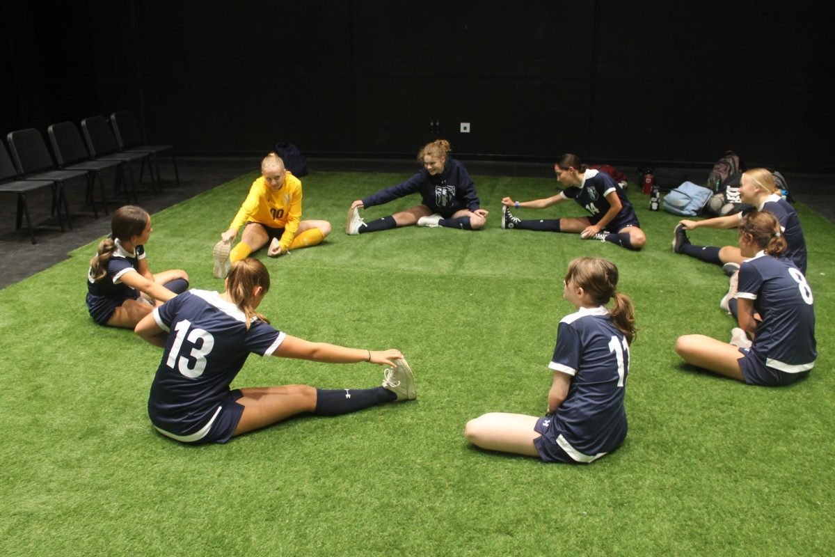 The players on the soccer team get their stretches in ahead of the game. The play “The Wolves” will be performed “in the round” on Mount Vernon Performing Arts Center stage Saturday, Sept. 7 and Sunday, Sept. 8.