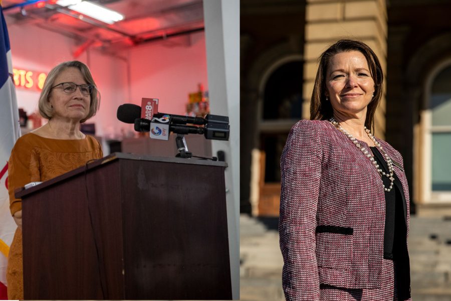 (Left) Rep. Mariannette Miller-Meeks, R-Iowa, announces she is seeking reelection in Iowa’s 1st Congressional District during a press conference at Dahl Old Car Home in Davenport on Wednesday, Nov. 10, 2021. (Right) Rep. Christina Bohannan poses for a portrait outside the Iowa State Capitol in Des Moines, Iowa, on Tuesday, Jan. 12, 2021.