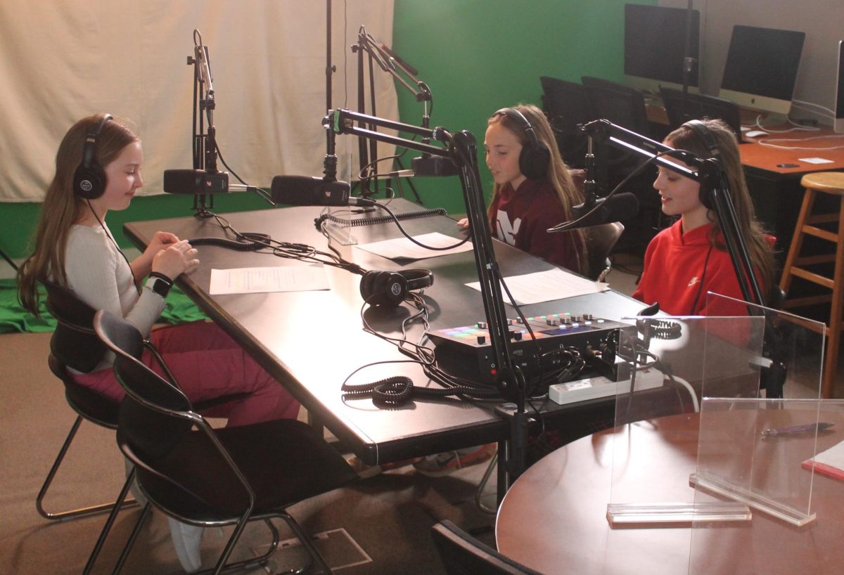 Tenley Ryant, Afton Weaver and Lucy Cook record the Super S podcast back in April. The podcast was an honorable mention for NPR’s Student Podcast Challenge.