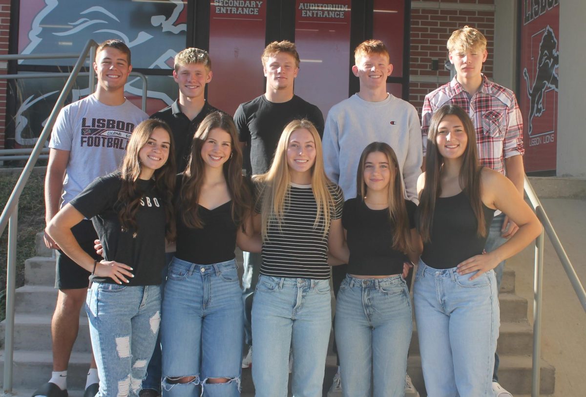 Lisbon’s homecoming court includes (back, from left) Evan Coleman, Dakota Clark, Tiernan Boots, Gage Holub, Daylin Schaefer, (front, from left) Addie Clark, Kaitlynn Hasselbusch, Brynn Epperly, Aislin Andrews and Sarah Dietsch.