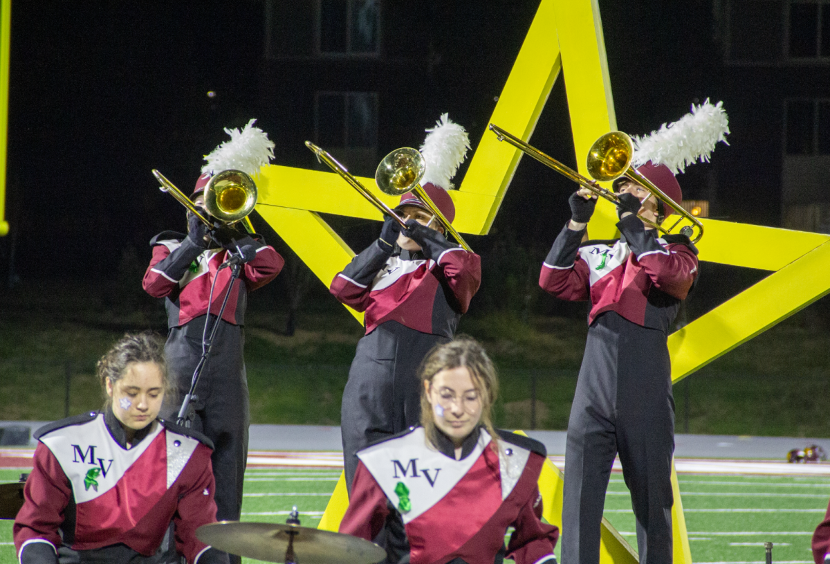 The Marching Mustangs perform a portion of “Among the Stars” during halftime at the homecoming game Friday, Sept. 27. Mount Vernon will host the Hwy. 1 Marching Band Classic on Tuesday, Oct. 15.