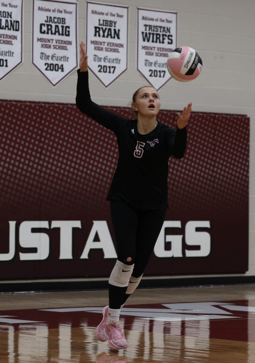 Mount Vernon’s Eryn Jackson (No. 5) prepares to serve earlier in the season.