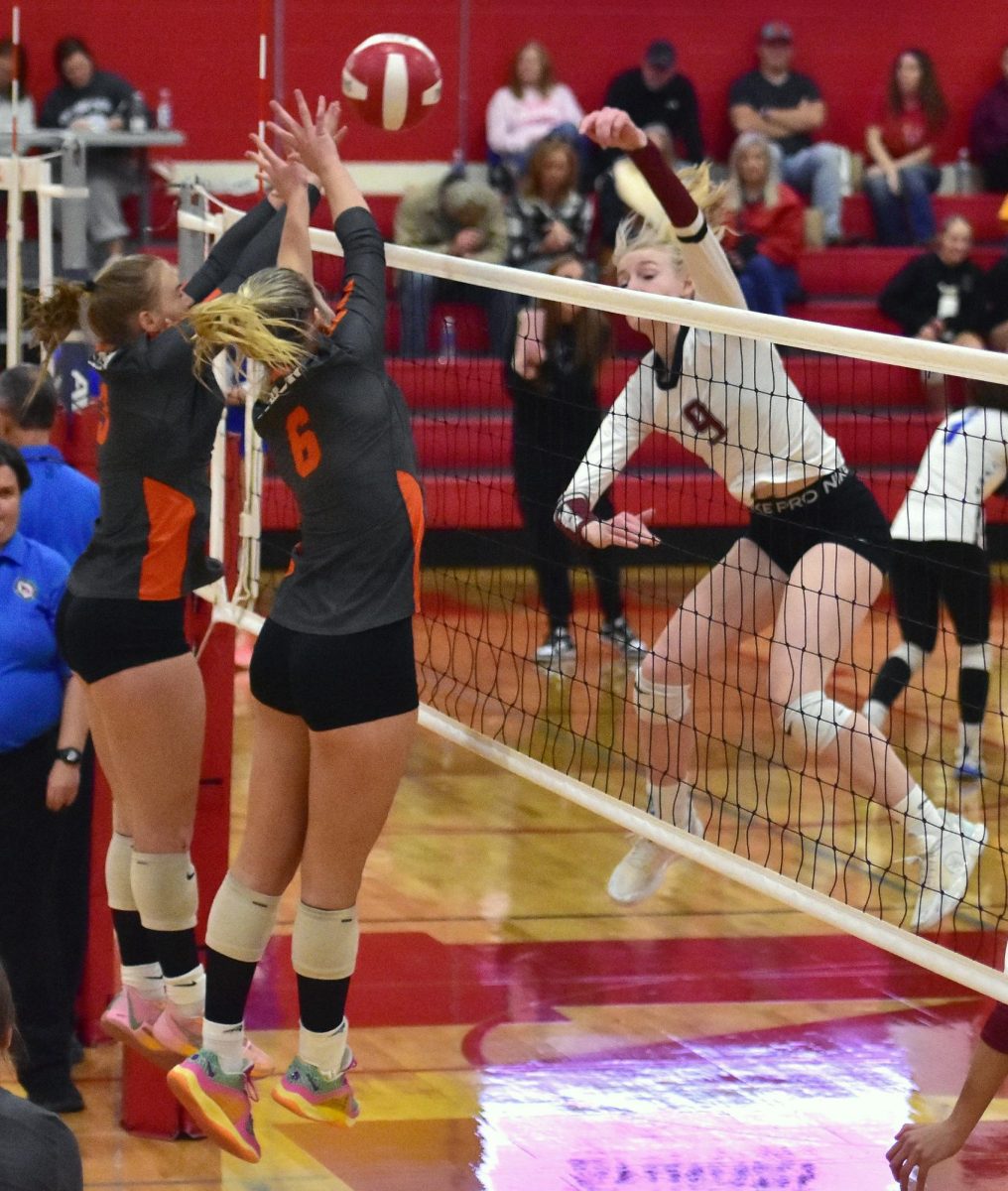 Mount Vernon’s Sydney Maue (No. 9) spikes the ball over the net.