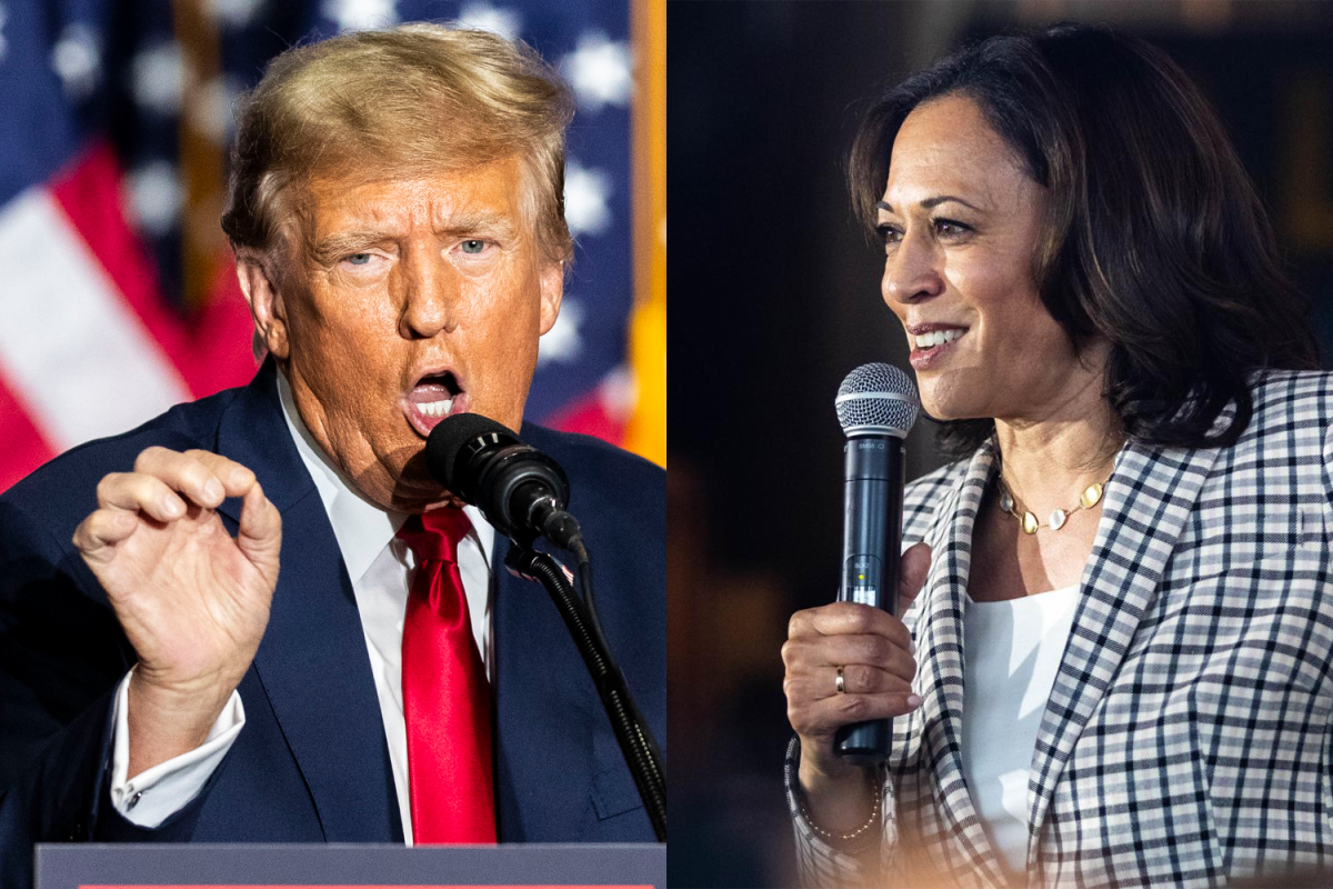 (left) Former President Donald Trump speaks during his caucus night watch party at the Iowa Events Center in Des Moines on Monday, Jan. 15, 2024. (right) Senator Kamala Harris, D-CA, addresses supporters at Backpocket Brewery on Thursday, September 19, 2019.