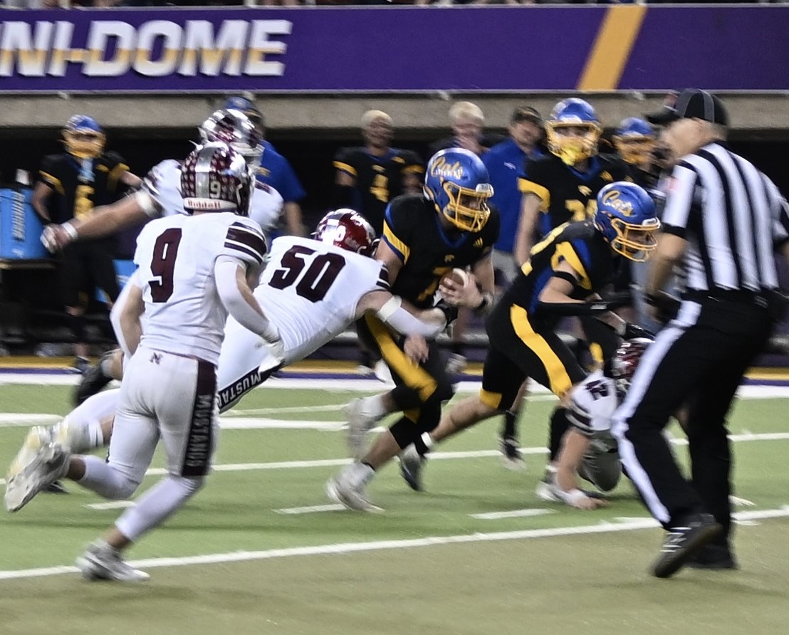 Mount Vernon’s Tyler Williams (No. 50)
works at tackling a Humboldt Wildcat player at the UNI-Dome Saturday, Nov. 16.