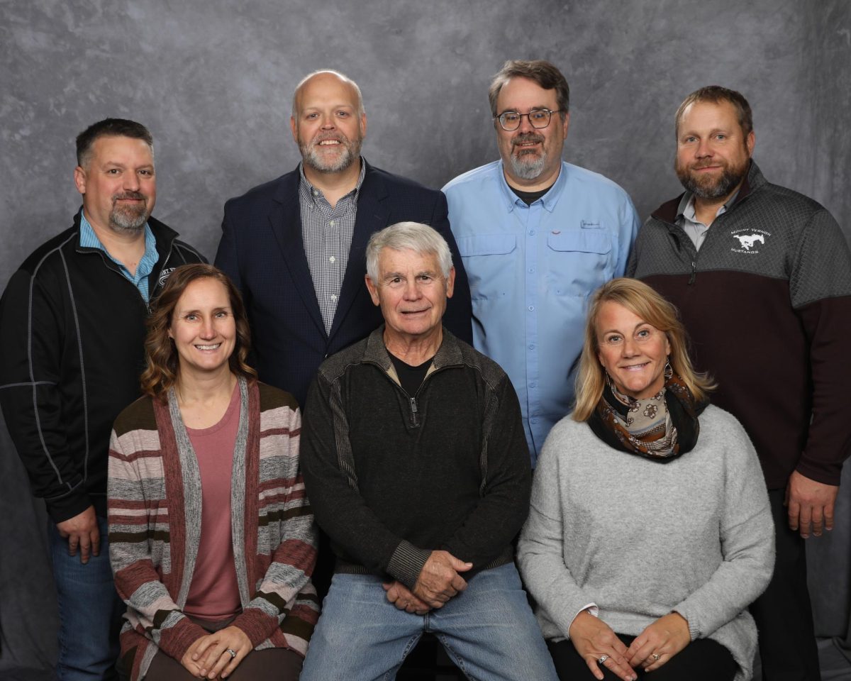 Members of the Mount Vernon School Board include: (back, from left) Jason Clark, superintendent Matt Leeman, Jeremy Kunz (vice-president), Tim Keegan (front, from left) Kristi Meyer, Rick Elliott (president) and Suzette Kragenbrink. Not pictured was Lance Schoff. 