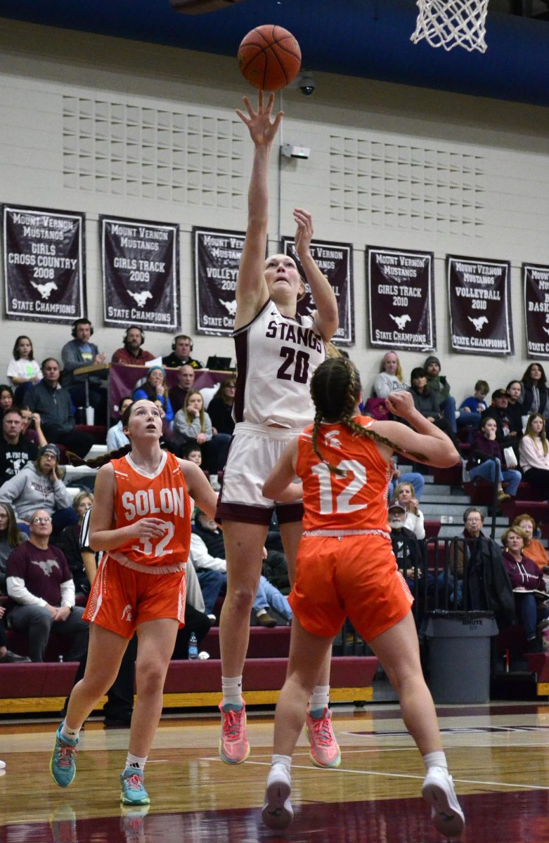 
MV 5
Chloe Meester (20) puts up two of her 18 points against Solon Tuesday, Dec. 17. The Mustangs charged past the Lady Spartans 62-30 to improve to 6-1 on the season.
