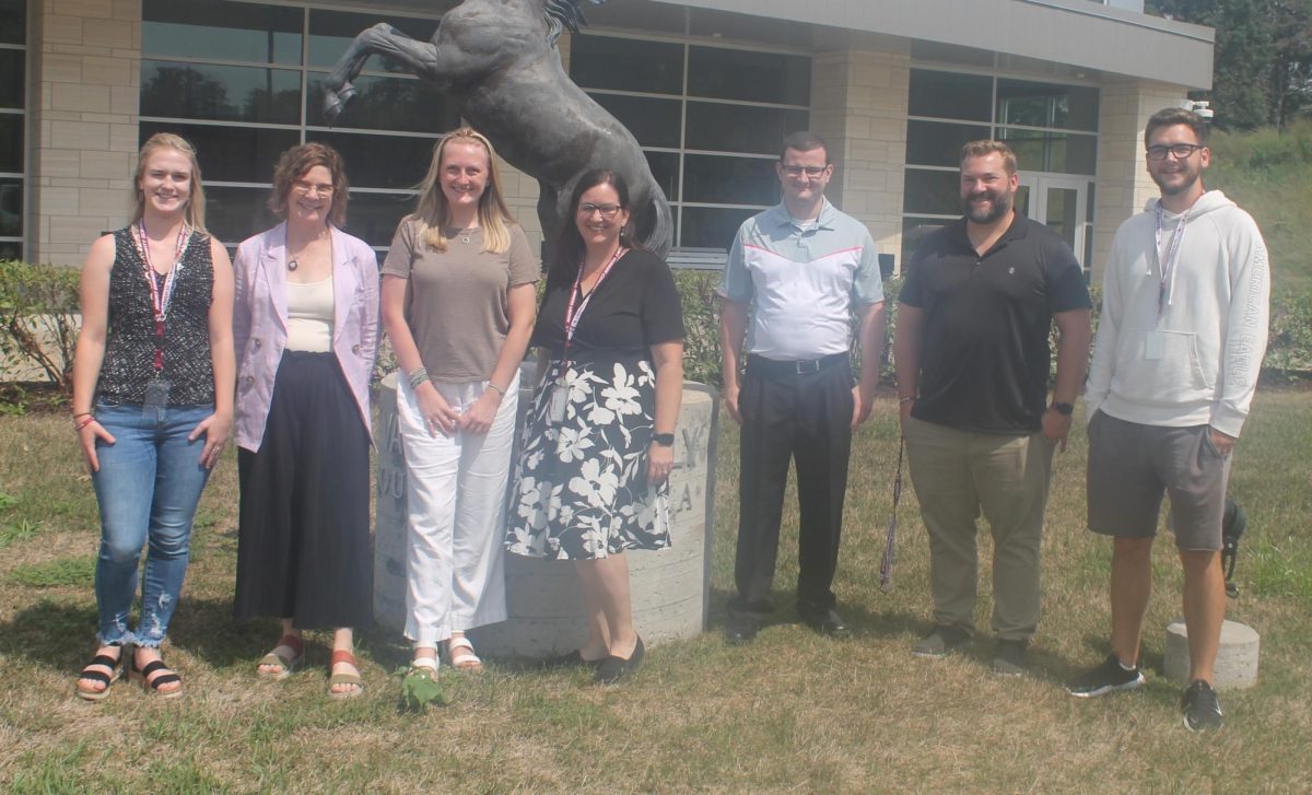 New teachers at Mount Vernon this year include (from left) Maia Walls, Deb Siebenga, Sarah Melsha, Amanda Bishop, Jesse Miller, Brad Borrison, Brenden VanWey.
