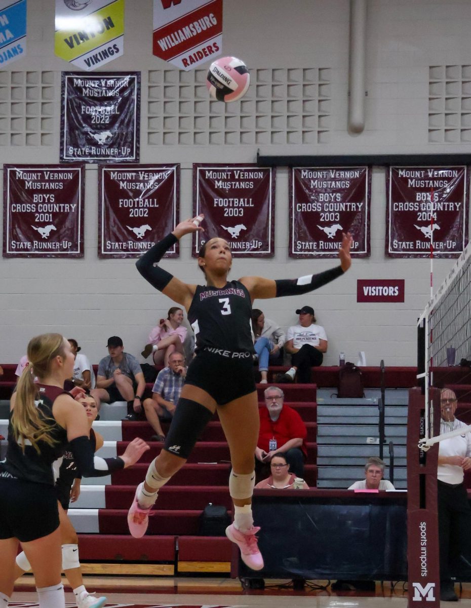 Mount Vernon’s Cali Whitaker prepares to spike the ball in play last week.