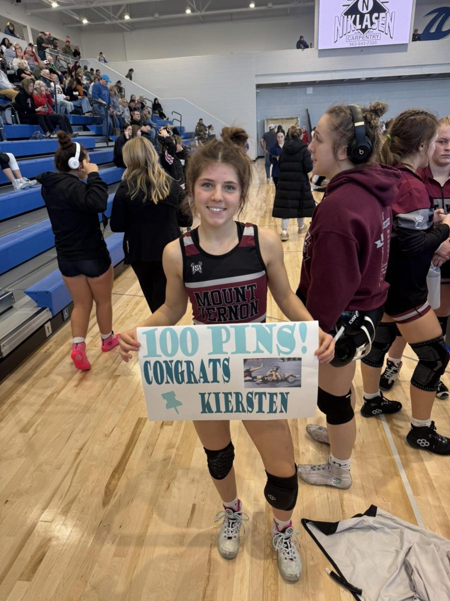 Mount Vernon’s Kiersten Swart picked up her 100th pin this week against Anamosa, the second wrestler in the Mount Vernon girls’ wrestling program to do so. (Contributed)