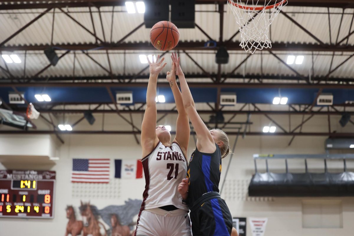 Mount Vernon’s Sophia Meester (No. 21) goes up for a shot against Benton earlier this season.