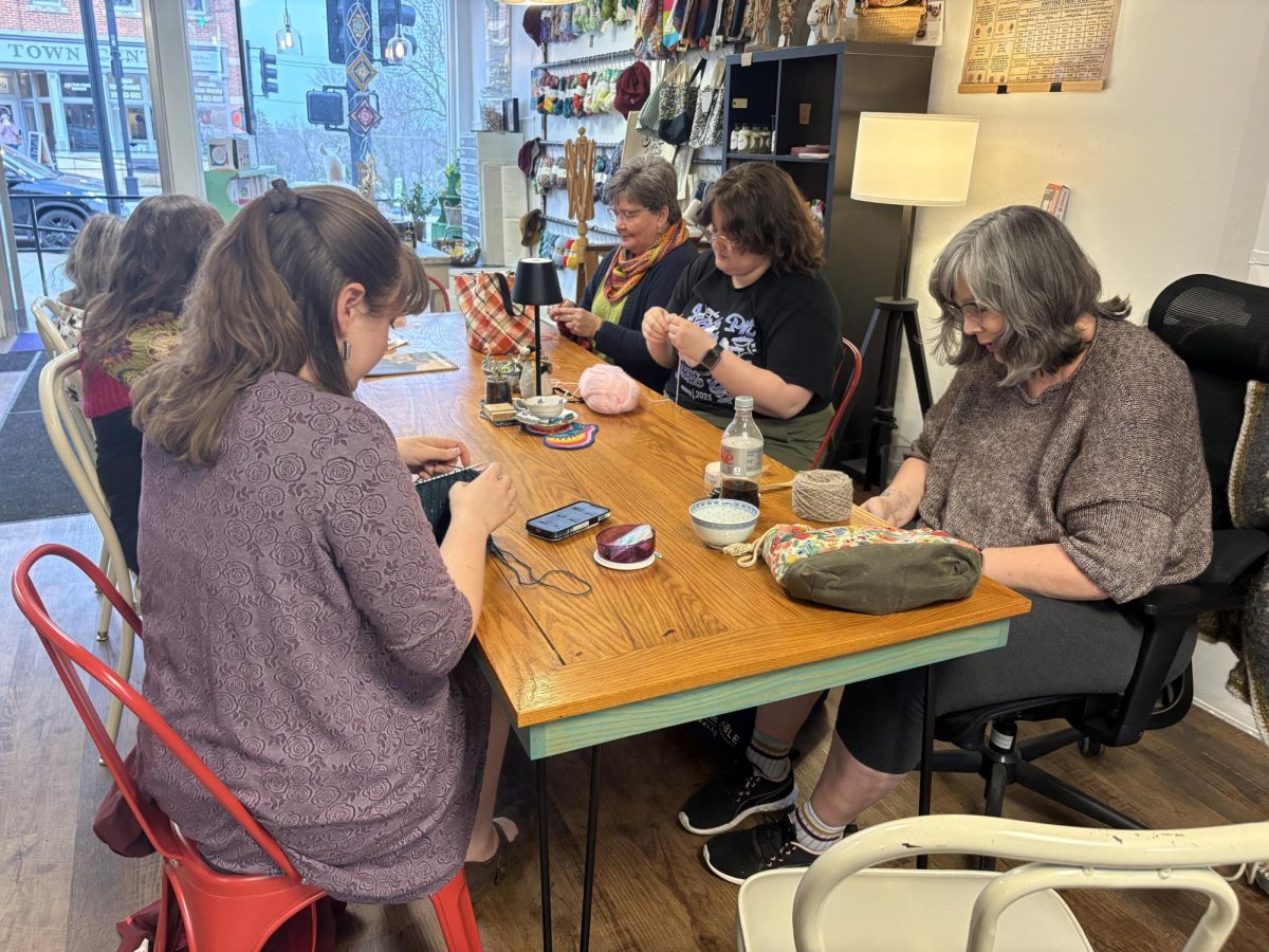 Community members gather around a table to knit and crochet together inside Wren and Purl. Front right, Louise Holtz works on a project while others stitch and chat during a Friday crafting hour.