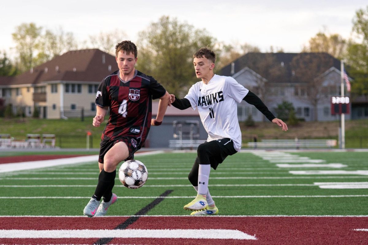 Mount Vernon midfielder Cash Luneckas dribbles the ball during a boys’ soccer game between the Mount Vernon Mustangs and West Delaware Hawks at Mount Vernon High School on Thursday, April 30.