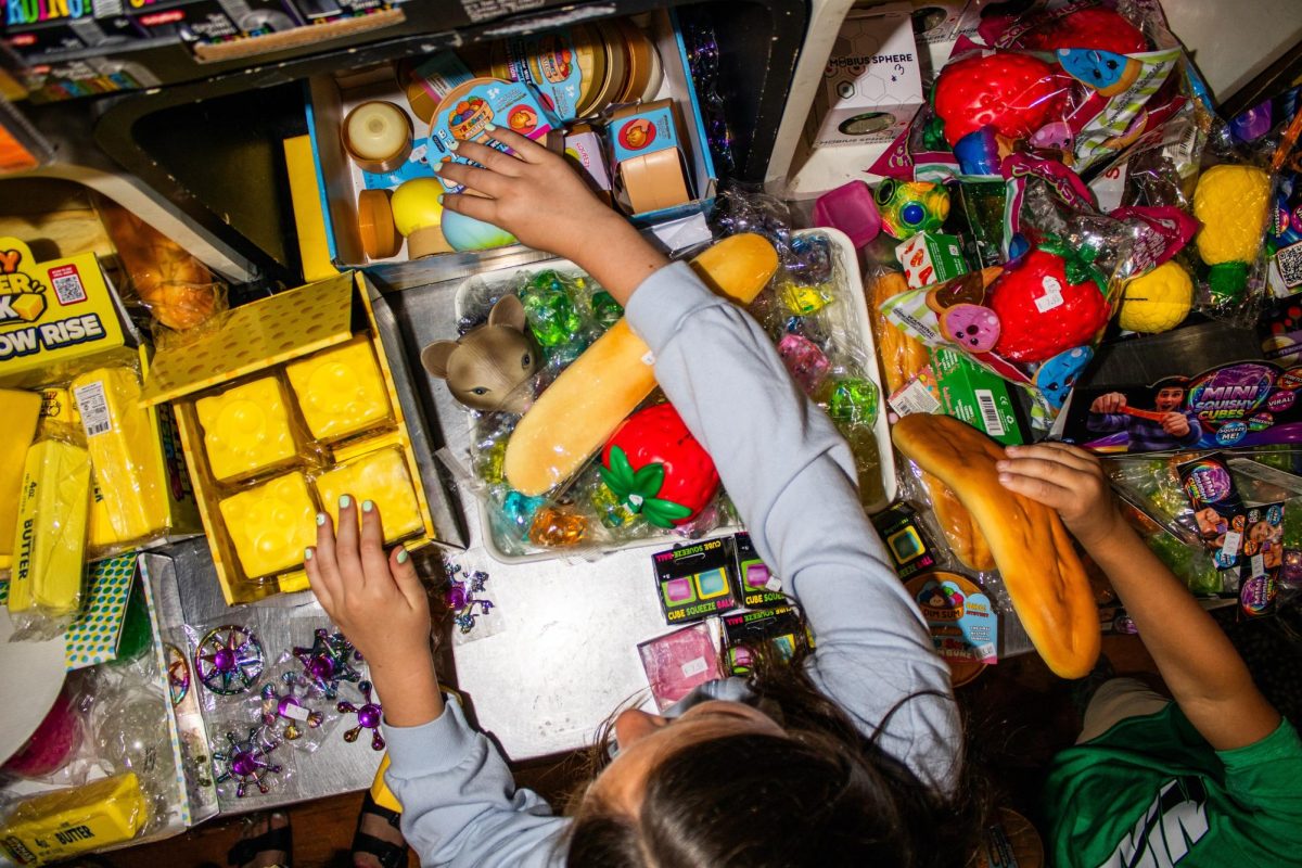 Nevaeh Gordon, 10, and Khalil Morse, 6, from Cedar Rapids, browse the shelves of squishies inside of Silver Spider in Mount Vernon on Saturday, June 13, 2026. Anne Silva owns and manages Silver Spider, and says she’s received multiple phone calls a day asking about whether she has NeeDoh squishes in stock. “A lot of them are from young people, and it’s very cute,” says Silva.