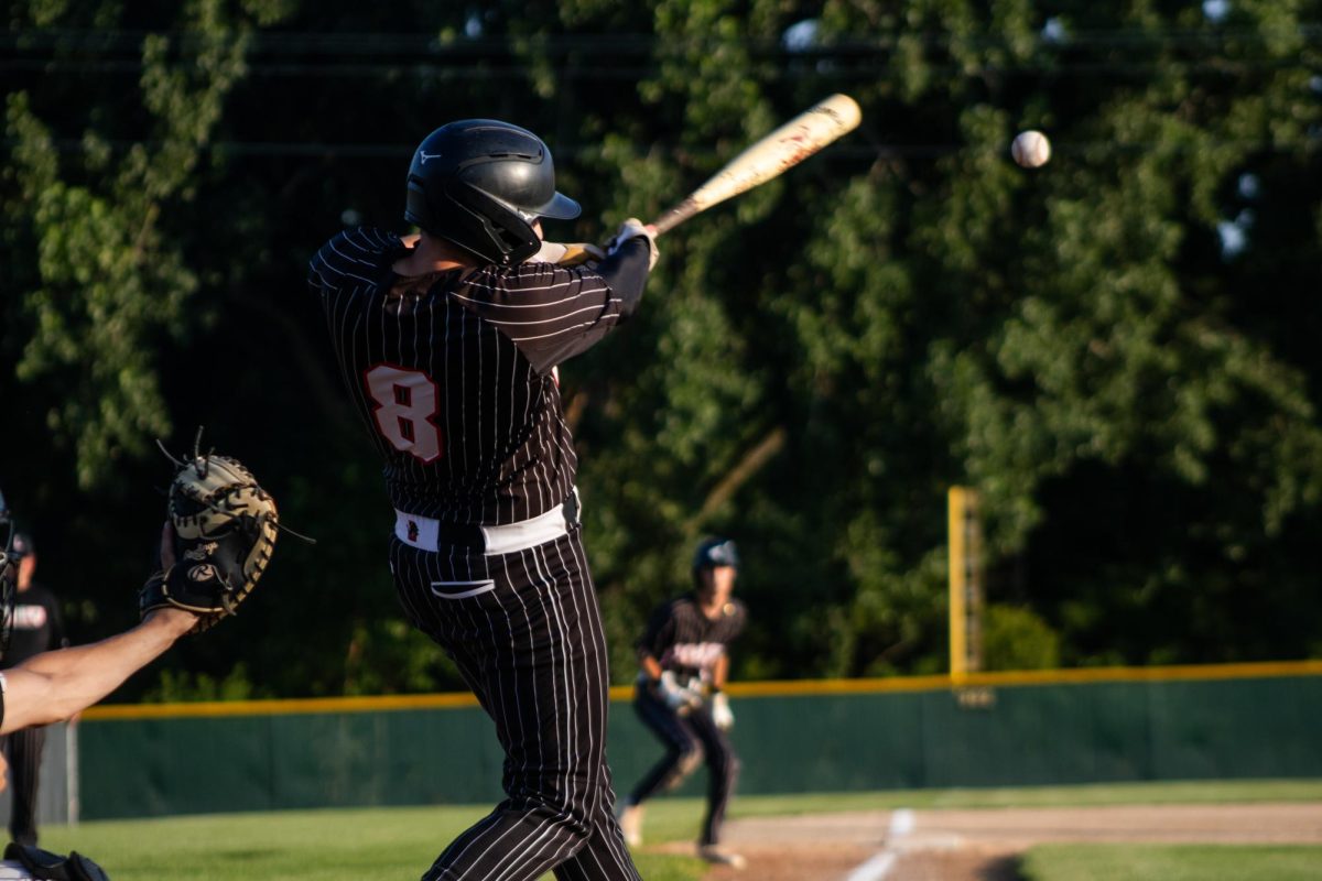 Lisbon pitcher Ian Whittenbaugh bats the ball in the second inning during an IHSAA 1A Substate 5 baseball match between the Lisbon Lions and the Maquoketa Valley Wildcats at Maquoketa Valley High School in Delhi on Tuesday, July 7, 2026. The Wildcats beat the Lions, 13-4.
